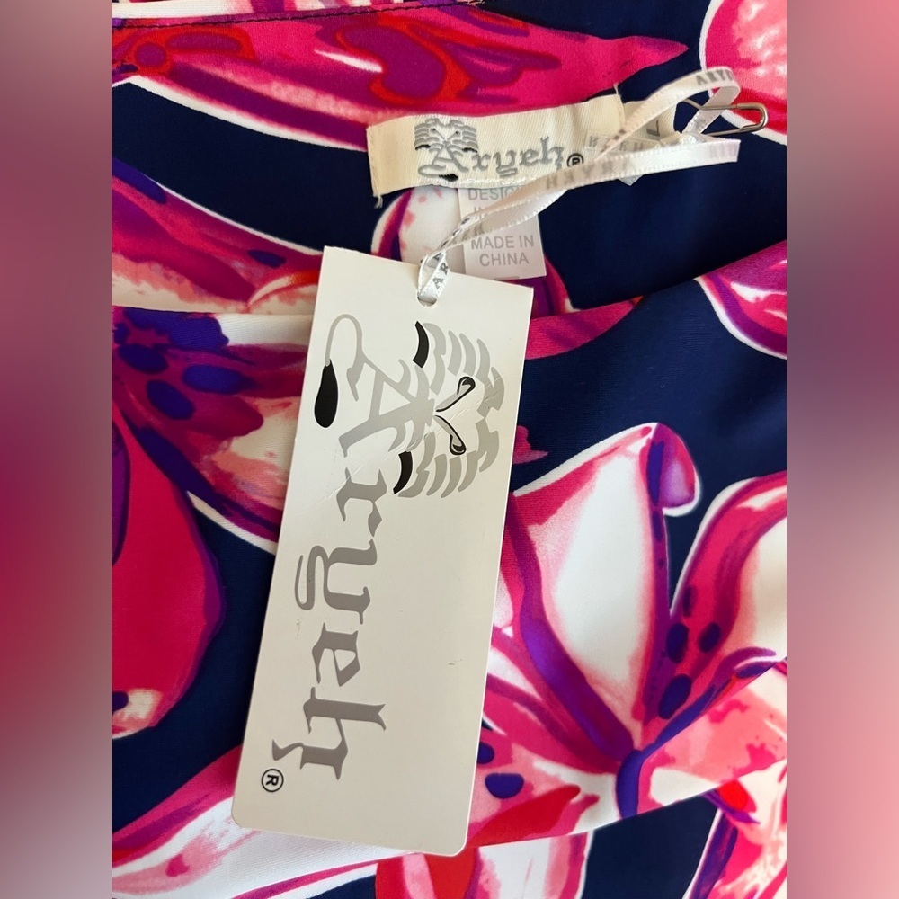 Aryeh NWT Elena Dress Women’s Size Large Ruffle Sleeve Vibrant Navy/Pink/Purple - Picture 4 of 9